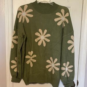 zeagoo Olive Crewneck Sweater with Cream Daisy Motif